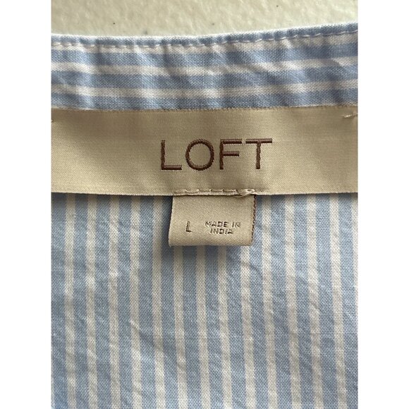 Loft Blue & White Striped Shirt Dress L 3/4 Sleeve Embroidered  Button Front - Picture 5 of 8